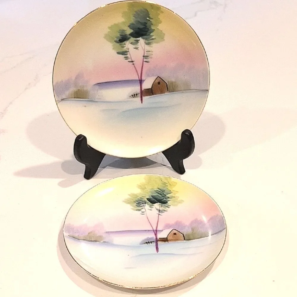 Vintage Mieto China Hand Painted Pastel Landscape Plates Set of 2 Made in Japan